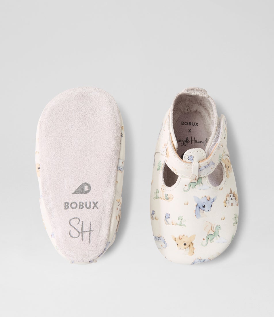 Bobux Ss Dragon T Bar Infant White Multi Leather Flat Shoes