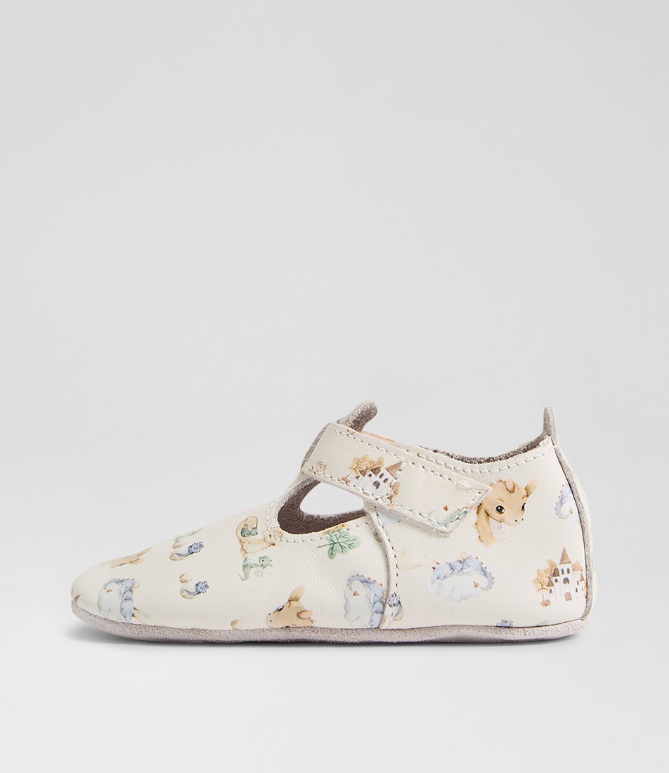 Bobux Ss Dragon T Bar Infant White Multi Leather Flat Shoes