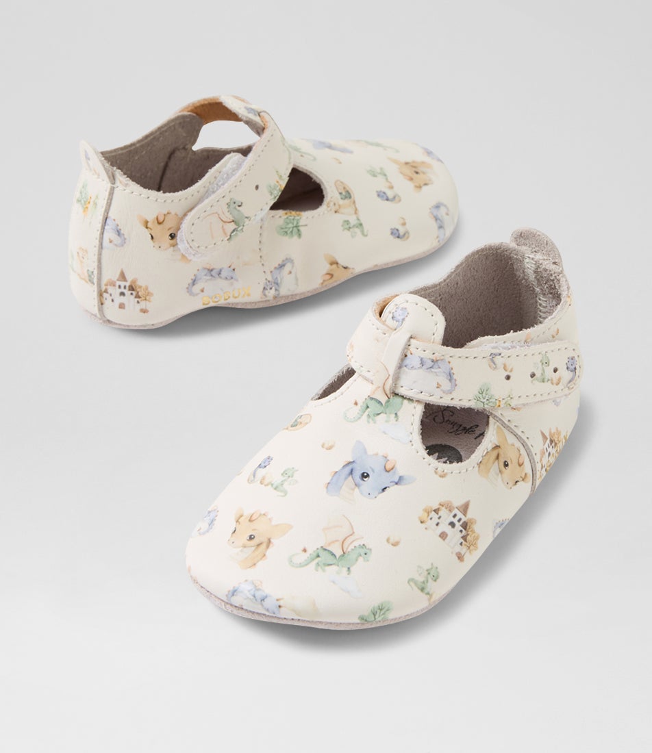 bobux Ss Dragon T Bar Infant White Multi Leather Flat Shoes