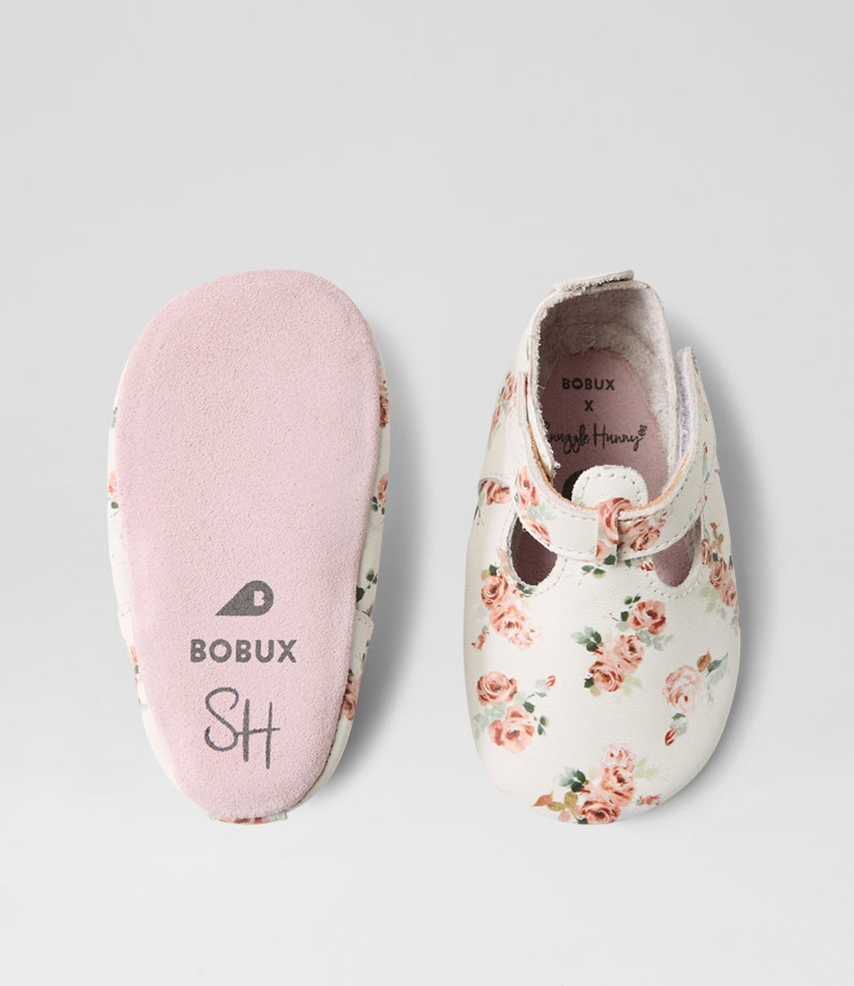 Bobux Ss Rosebud T Bar Infant White Rose Leather Flat Shoes