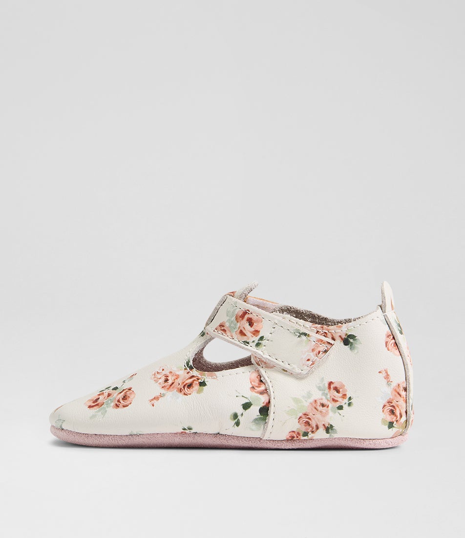 Bobux Ss Rosebud T Bar Infant White Rose Leather Flat Shoes