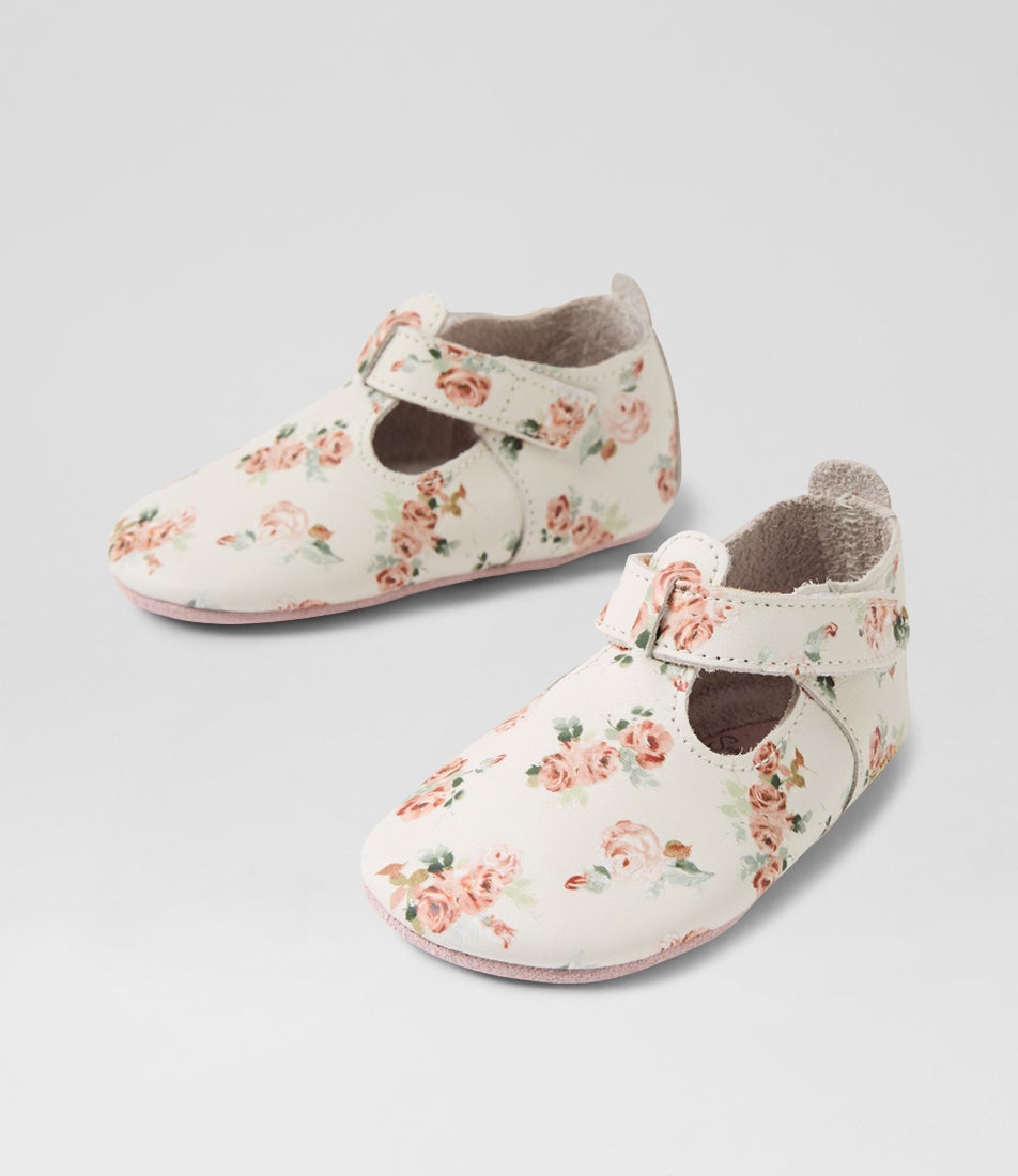 bobux Ss Rosebud T Bar Infant White Rose Leather Flat Shoes