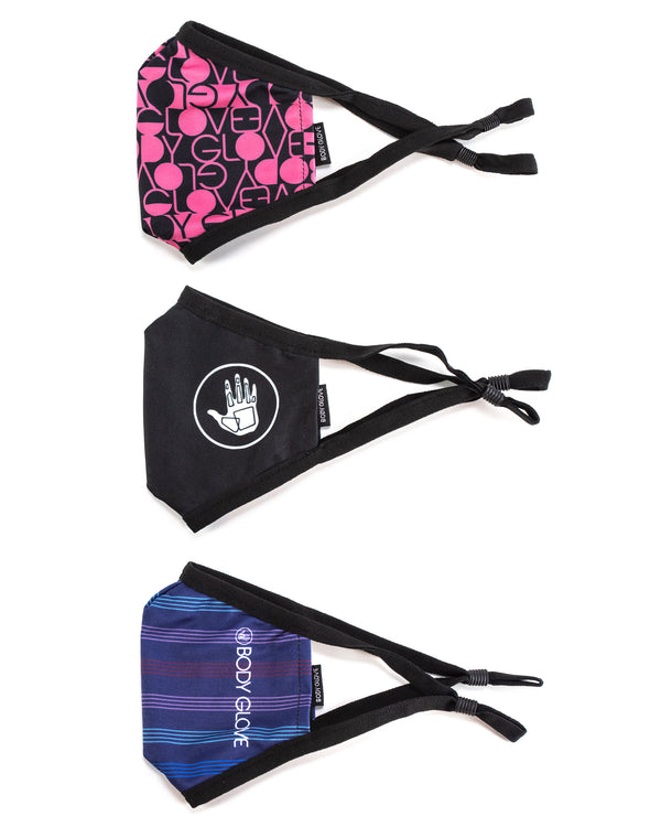 Body Glove Women's 3-Piece Face Mask Set - Solid Stripe Logo Print