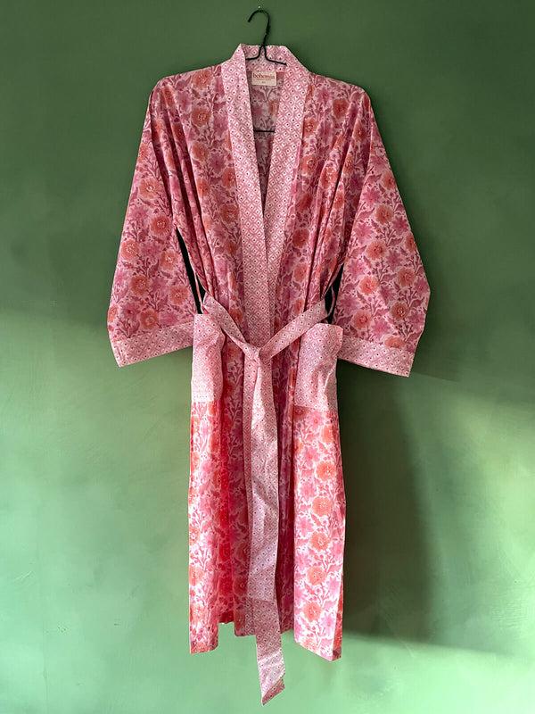 Bohemia Design Block Print Cotton Robe Vintage Pink