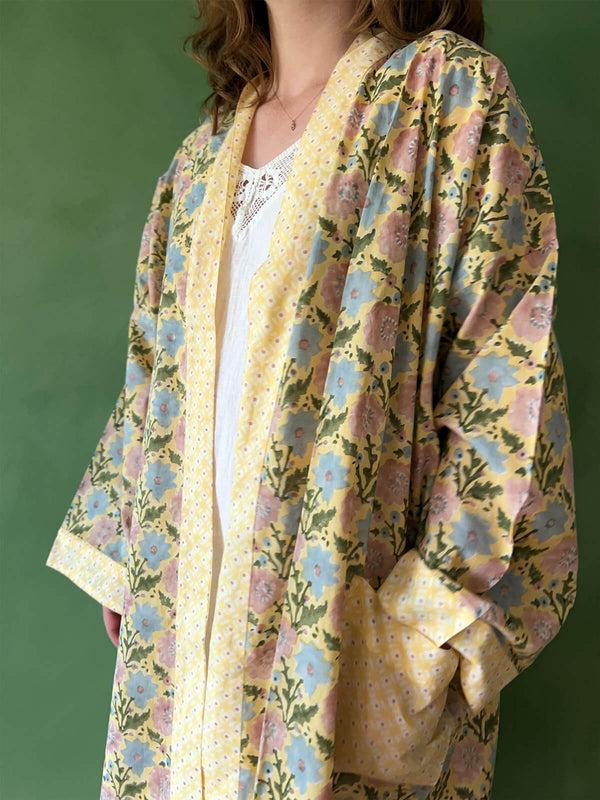 Bohemia Design Block Print Cotton Robe Buttermilk