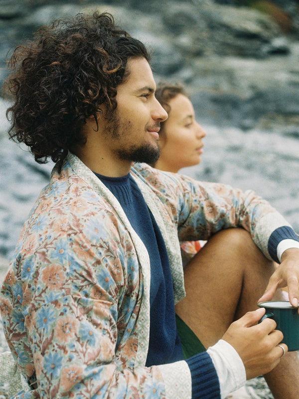 Bohemia Design Block Print Cotton Robe Duck Egg