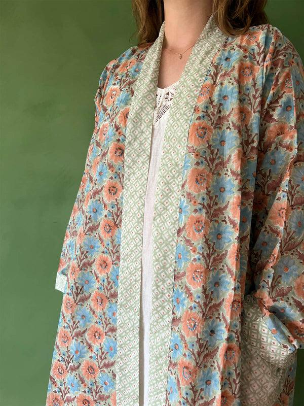 Bohemia Design Block Print Cotton Robe Duck Egg
