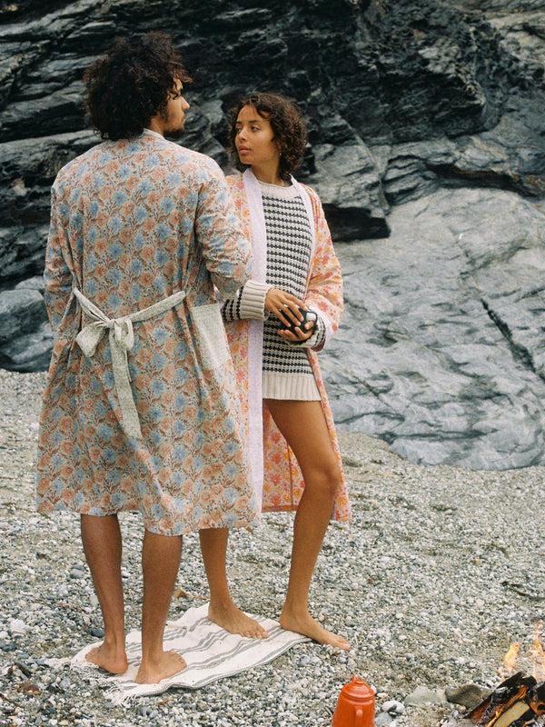 bohemia design Block Print Cotton Robe Duck Egg