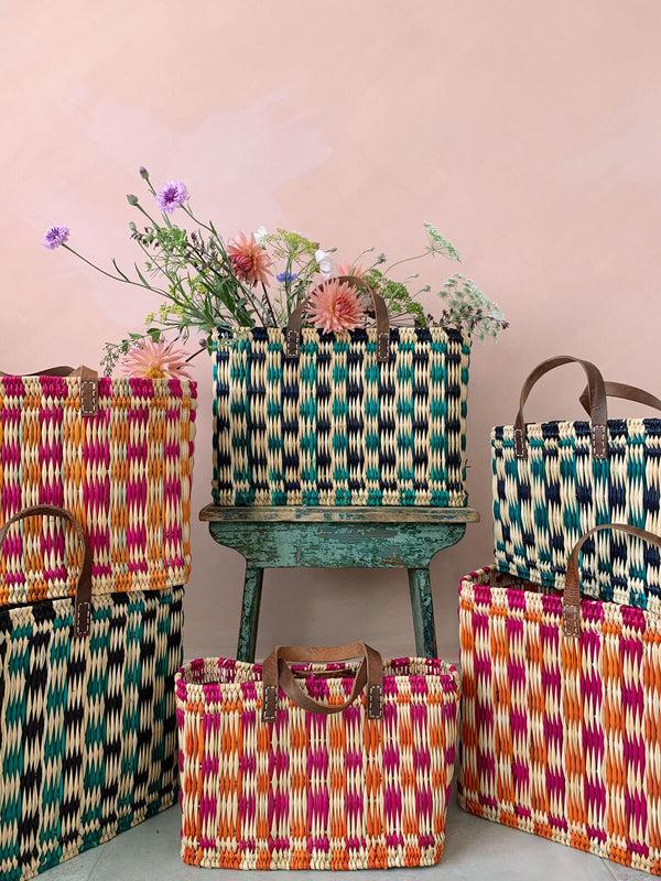 Bohemia Design Chequered Reed Basket Pink + Orange