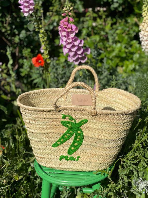 Bohemia Design Hand Embroidered Market Basket Peas