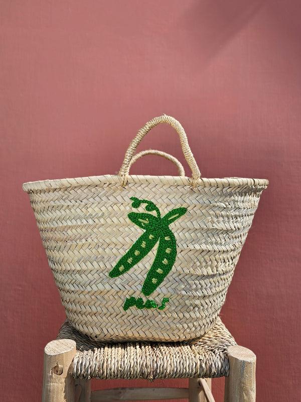 Bohemia Design Hand Embroidered Market Basket Peas
