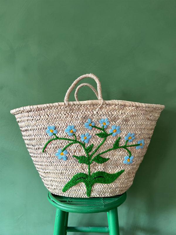 Bohemia Design Hand Embroidered Market Basket Forget-Me-Not
