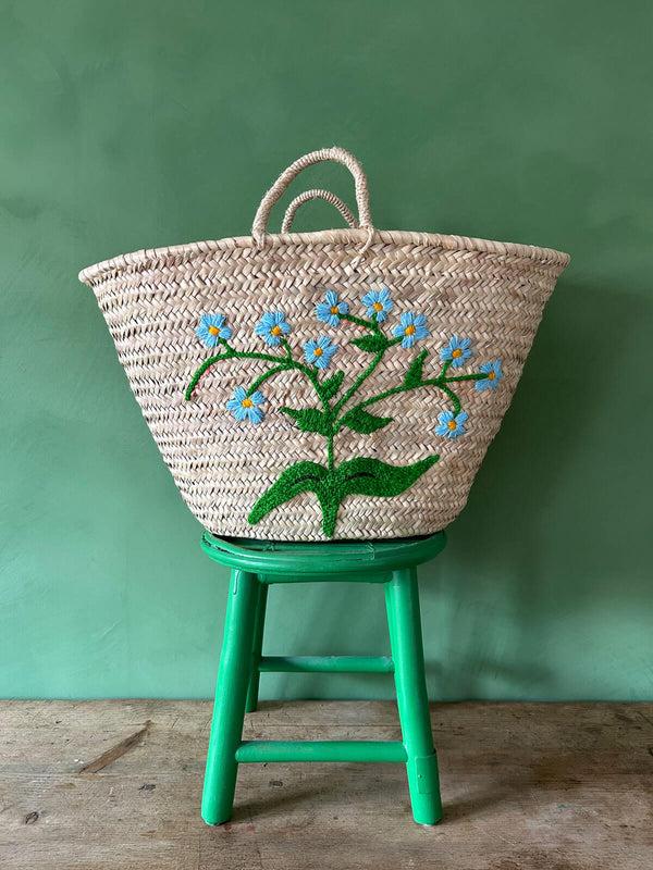 bohemia design Hand Embroidered Market Basket Forget-Me-Not