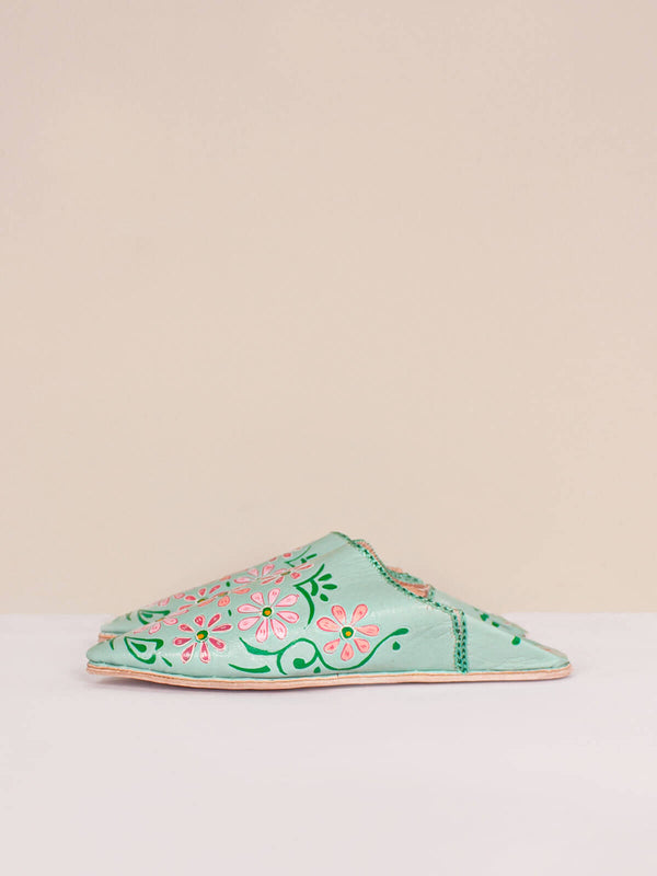 Bohemia Design Hand Painted Flower Babouche Slippers Sage
