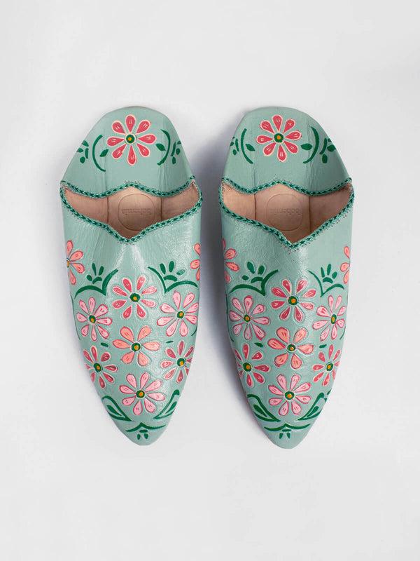 bohemia design Hand Painted Flower Babouche Slippers Sage