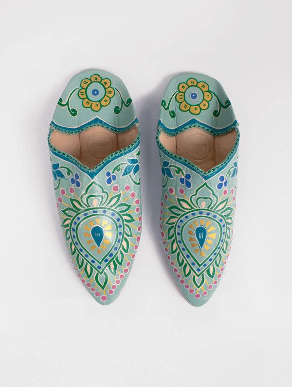 bohemia design Hand Painted Leaf Babouche Slippers Sage