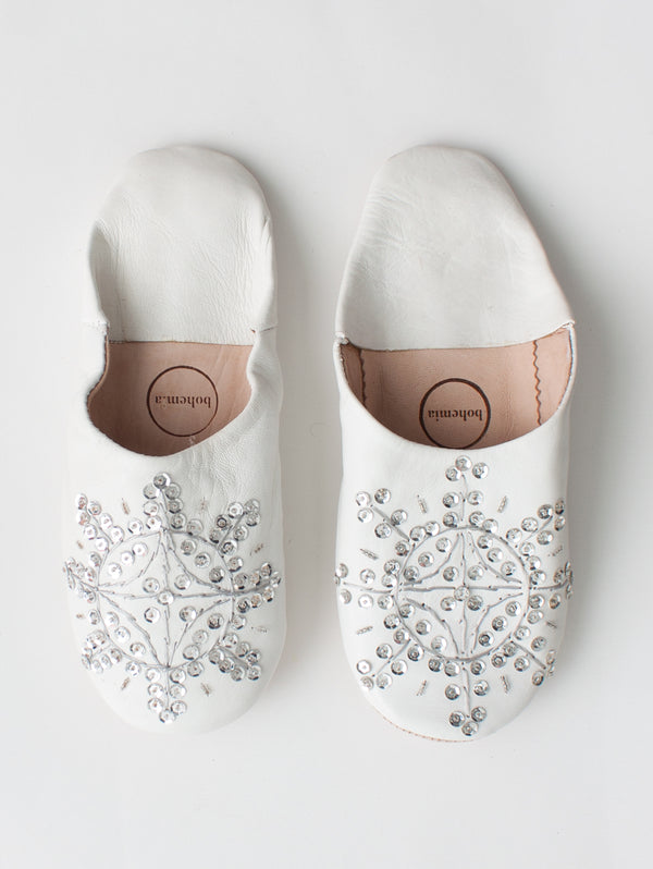 bohemia design Moroccan Babouche Sequin Slippers White and Silver