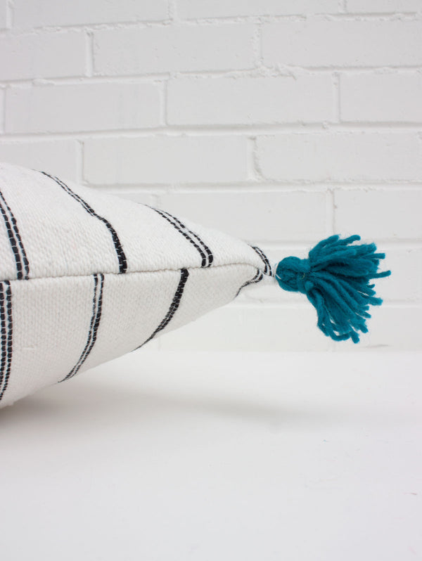 Bohemia Design White Cotton Scribble Stripe Square Cushion Cover Blue