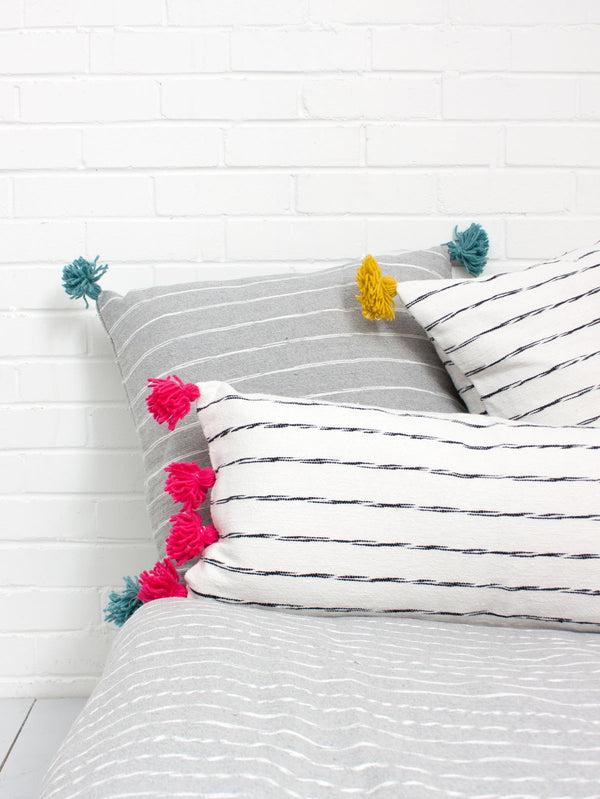 Bohemia Design White Cotton Scribble Stripe Square Cushion Cover Chartreuse