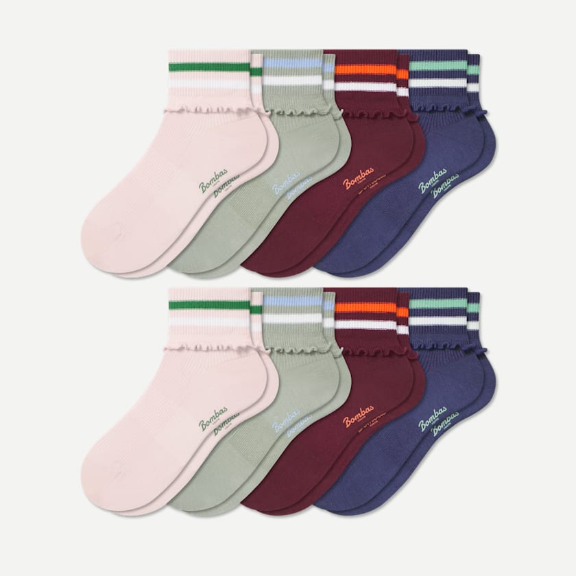 bombas Youth Foldover Ruffle Quarter Sock 8-Pack