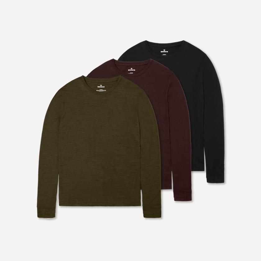 bombas Men's Merino Wool Blend Crew Neck Long Sleeve T-Shirt 3-Pack