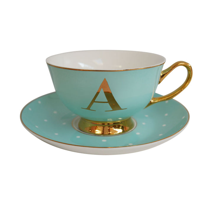 Bombay Duck Bloomsbury Spotty Teacup & Saucer Gold Letter