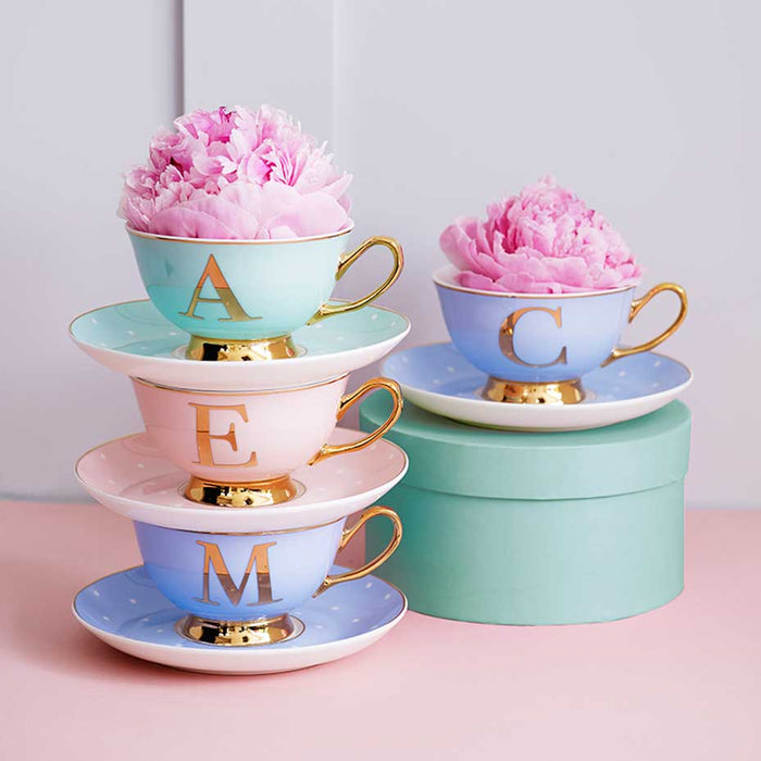 bombay duck Bloomsbury Spotty Teacup & Saucer Gold Letter