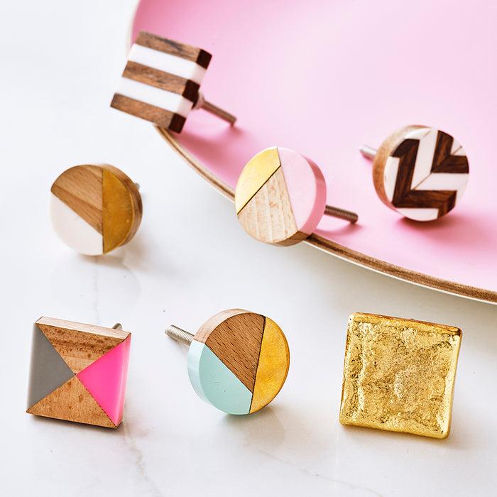 bombay duck Chevron Mixed Media Knob Round Wood/White Resin