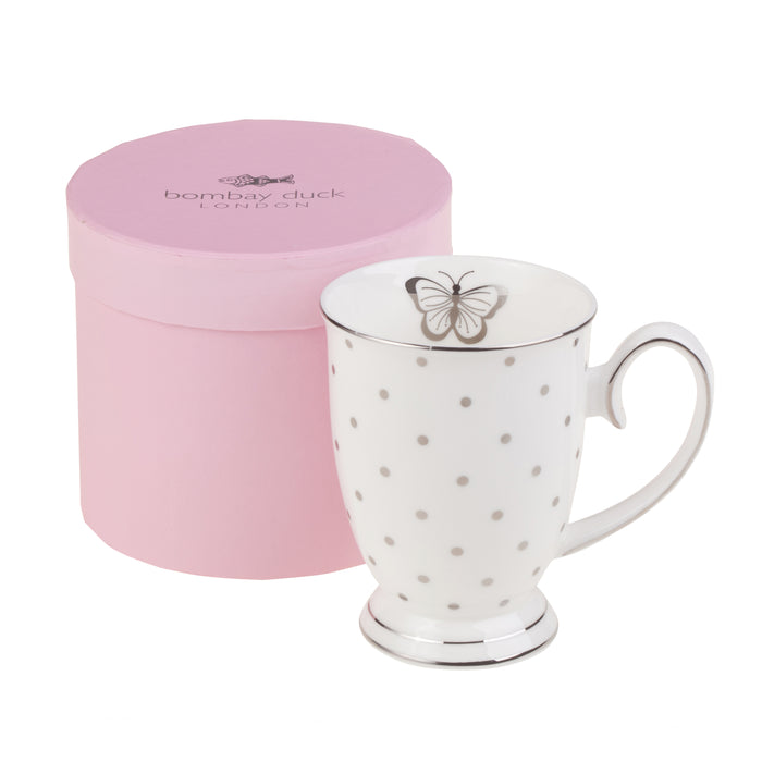 bombay duck Miss Darcy Butterfly Mug White with Silver Spots
