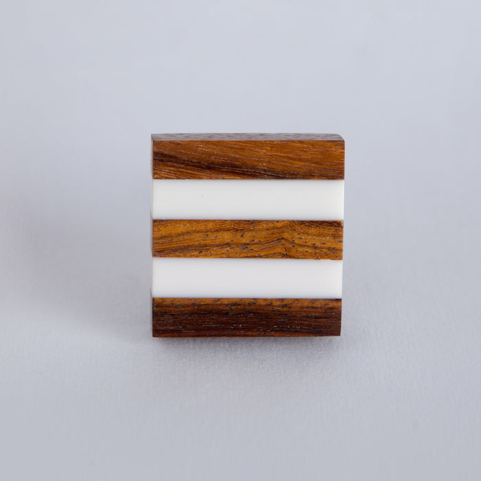 bombay duck Stripy Mixed Media Knob Square Wood/White Resin