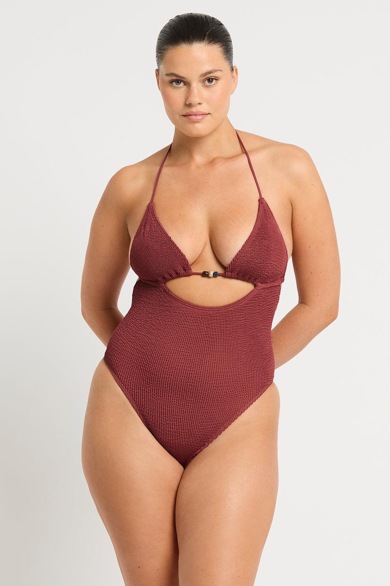 bond eye Beaded Fowler One Piece in Carmine Recycled
