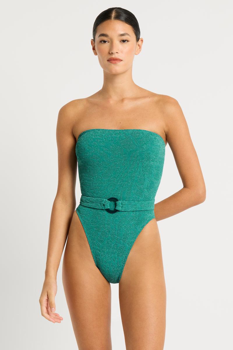 bond eye Belt Fane One Piece in Teal Animalia Lurex