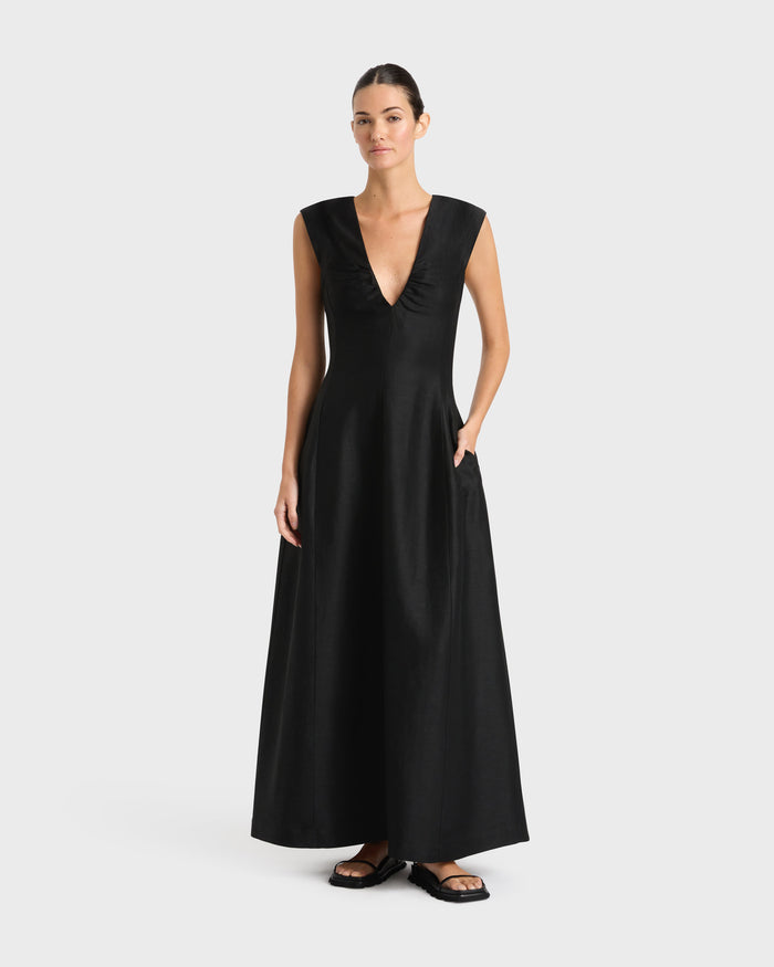 bondi born Bormio V Neck Midi Dress - Black