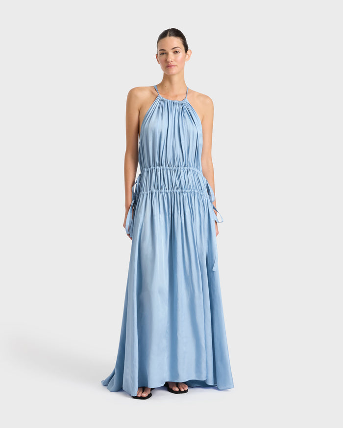 bondi born Como Tie Gathered Maxi Dress - Sky Blue