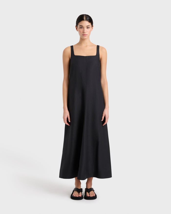 bondi born Delphi Linen Flared Maxi Dress - Black