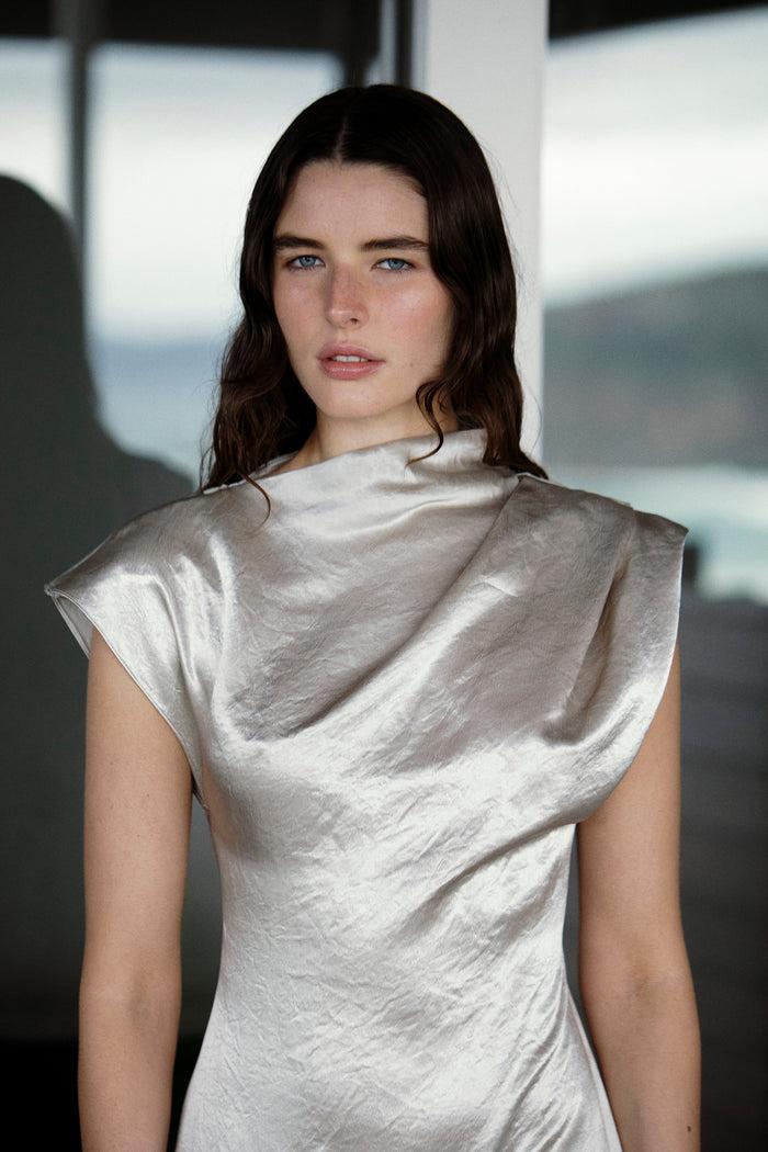 Bondi Born Kobe Satin Pleat Shoulder Top - Silver