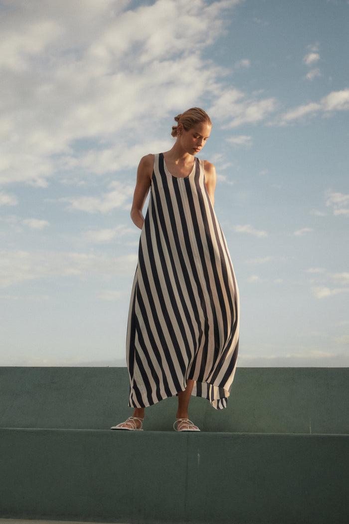 Bondi Born Orta Silk Cocoon Dress - Navy Stripe