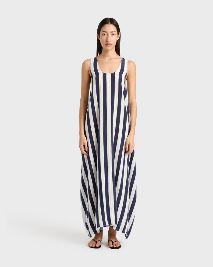 bondi born Orta Silk Cocoon Dress - Navy Stripe