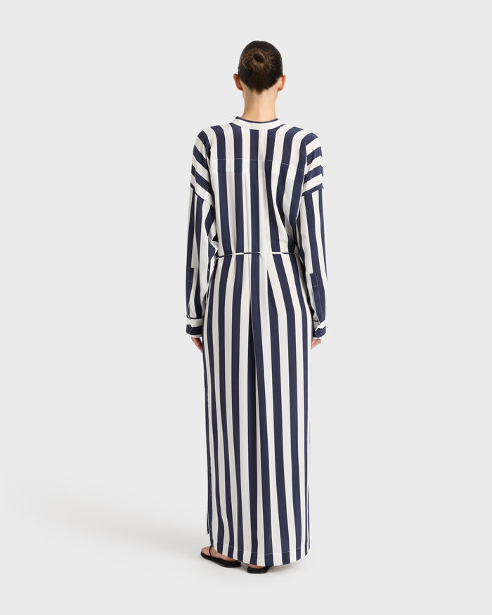 Bondi Born Orta Silk Maxi Shirt Dress - Navy Stripe