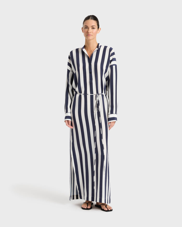 bondi born Orta Silk Maxi Shirt Dress - Navy Stripe