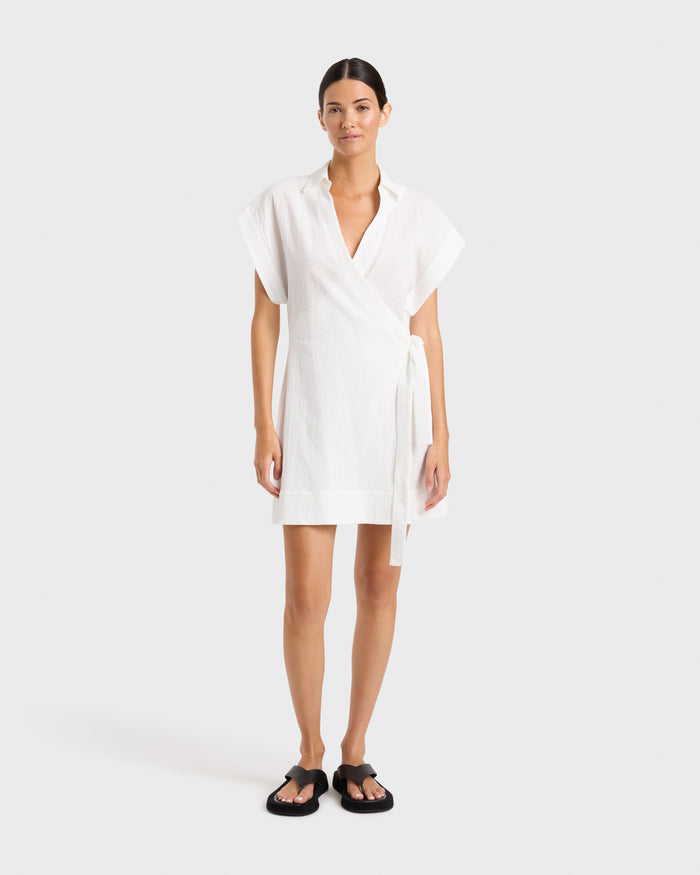 bondi born Hastings Organic Cotton Mini Wrap Dress - White