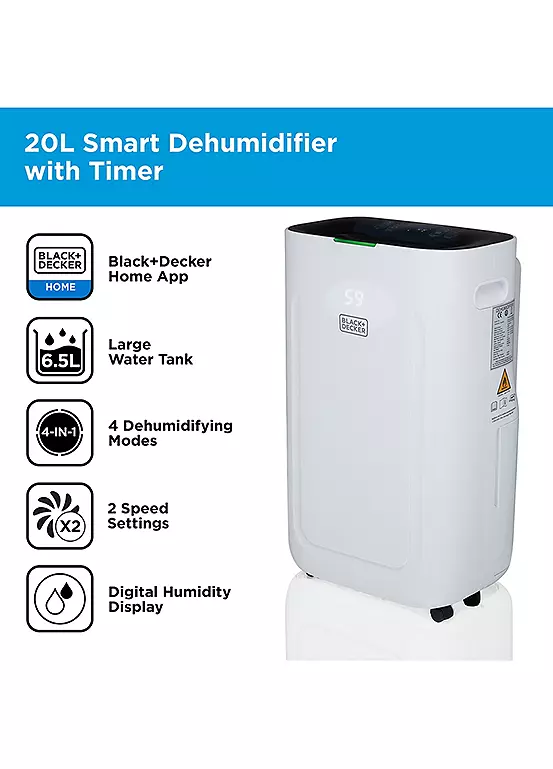 Bonprix Black And Decker BXEH60014GB 20L Smart Dehumidifier With 4 Modes Quiet 6.5L Water Tank 24hr Timer - White