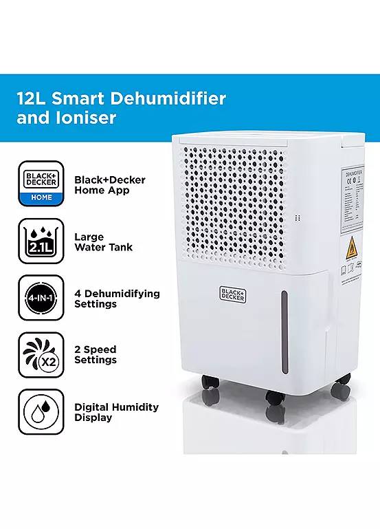 Bonprix Black And Decker BXEH60016GB 12L Smart Dehumidifier & Ionizer With 4 Modes Quiet 2.1L Water Tank 24hr Timer - White