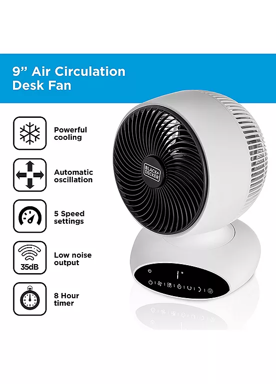 Bonprix Black And Decker BXFD52009GB 9in Air Circulation Desk Fan With 5 Speeds Automatic 360° Oscillation - White