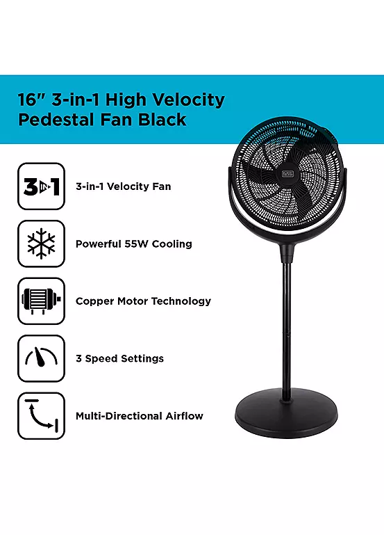 Bonprix Black And Decker BXFP51001GB 3-in-1 High Velocity Pedestal Fan With 3 Speeds 16in 55W - Black