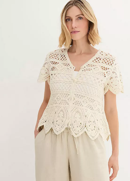 bonprix Crochet Knit Short Sleeve Cardigan