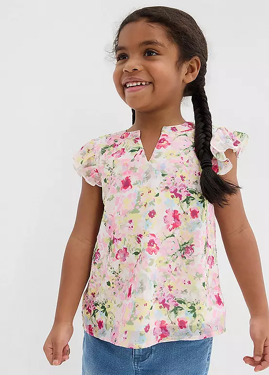 bonprix Kids Floral Ruffle Short Sleeve Top