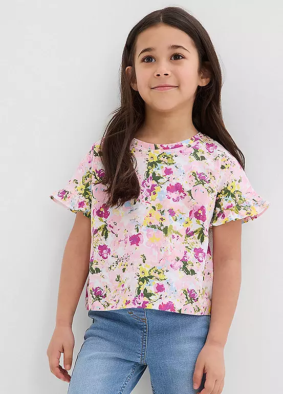 bonprix Kids Floral Short Sleeve Cotton T-Shirt