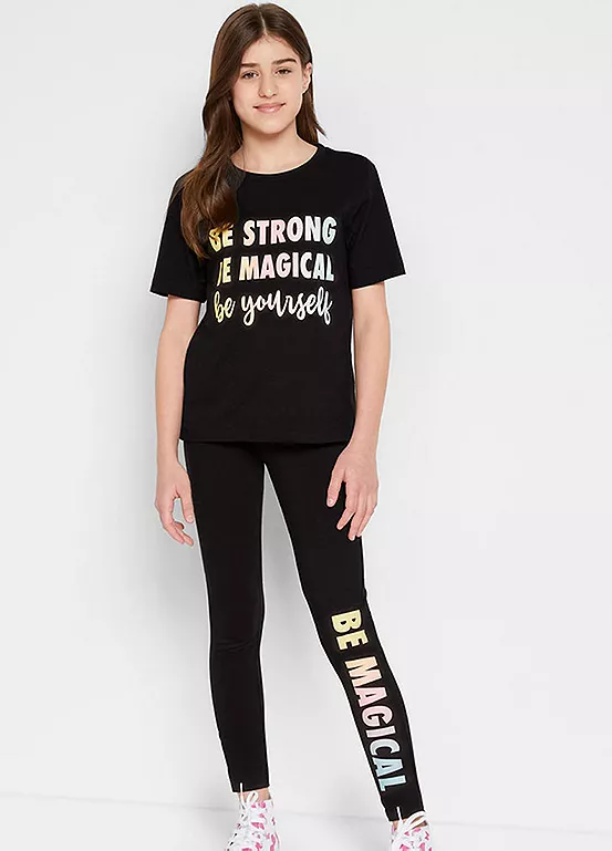bonprix Kids Slogan T-Shirt & Leggings Set