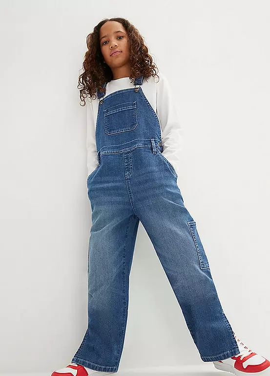 bonprix Kids Wide Leg Denim Dungarees
